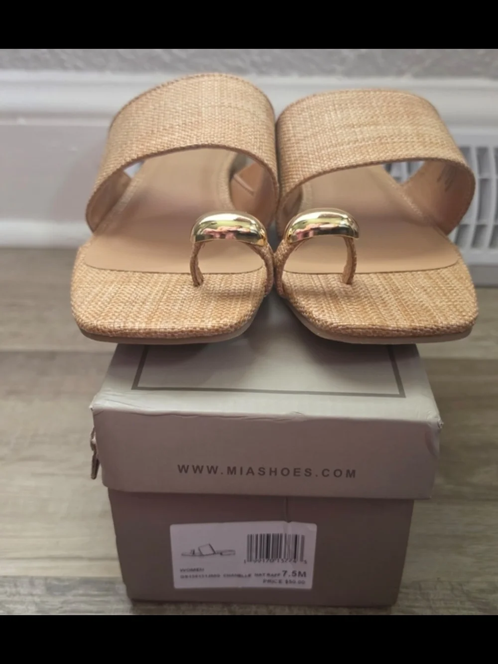 MIA Beige Woven Slide Sandals with Gold Toe Ring